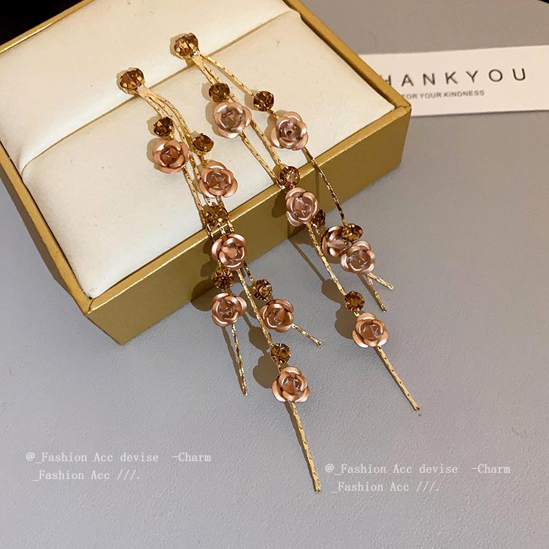 Steel Needle Diamond Rose Flower Fringed Earrings Korean Sweet Long Earrings Retro Fashion Temperament Earrings