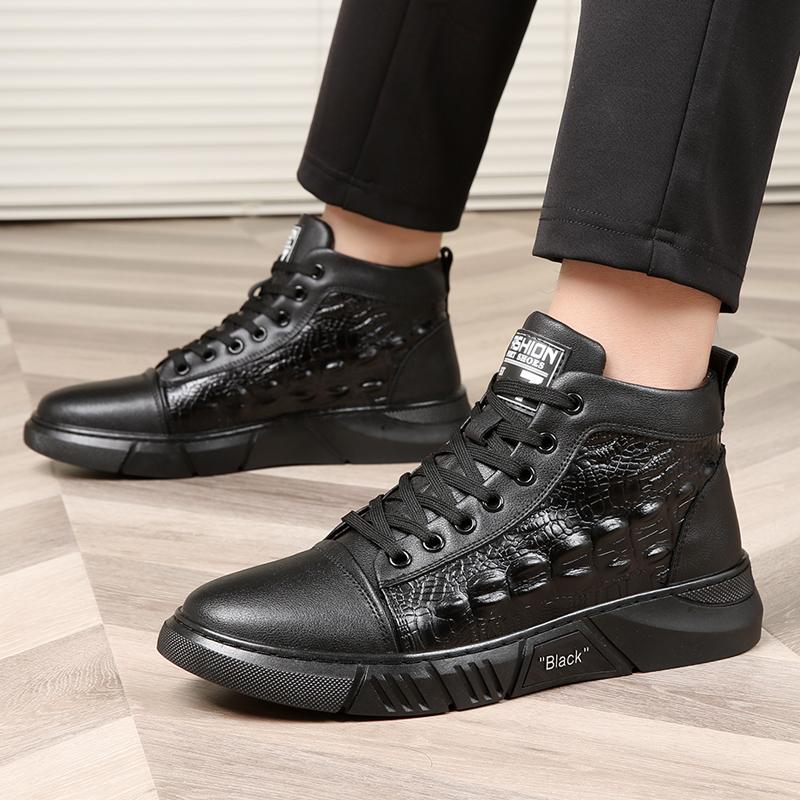 FashionCrocodile Pattern Male Sneakers Autumn/Winter Plush Leather Men Casual Shoes Business Work Office Lace-up Dress shoes For Men