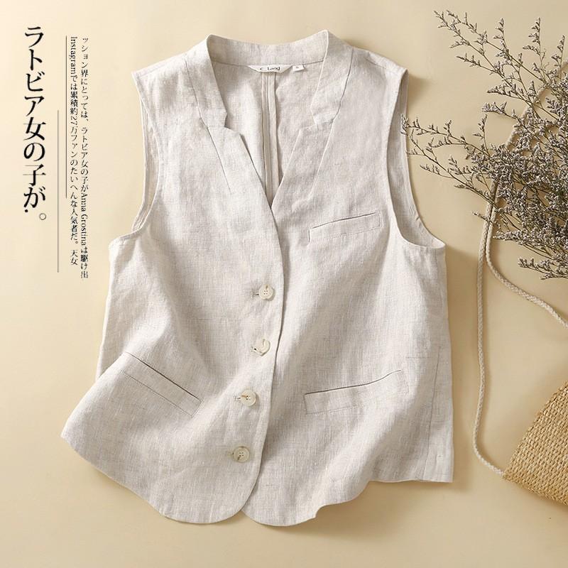 Vintage Vest Summer Deep V-Neck Solid Casual Sleeveless Tank Tops Cotton Linen Thin Outerwear Vest Coat