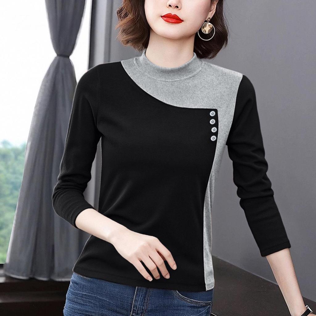 Women's Slim Thermal Patchwork Fleece T-Shirt for Autumn/Winter
