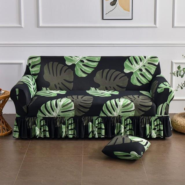 Printed Ruffled Skirt Sofa Cover Stretch Couch Slipcover Washable Furniture Protector Easy Fit Living Room Decor