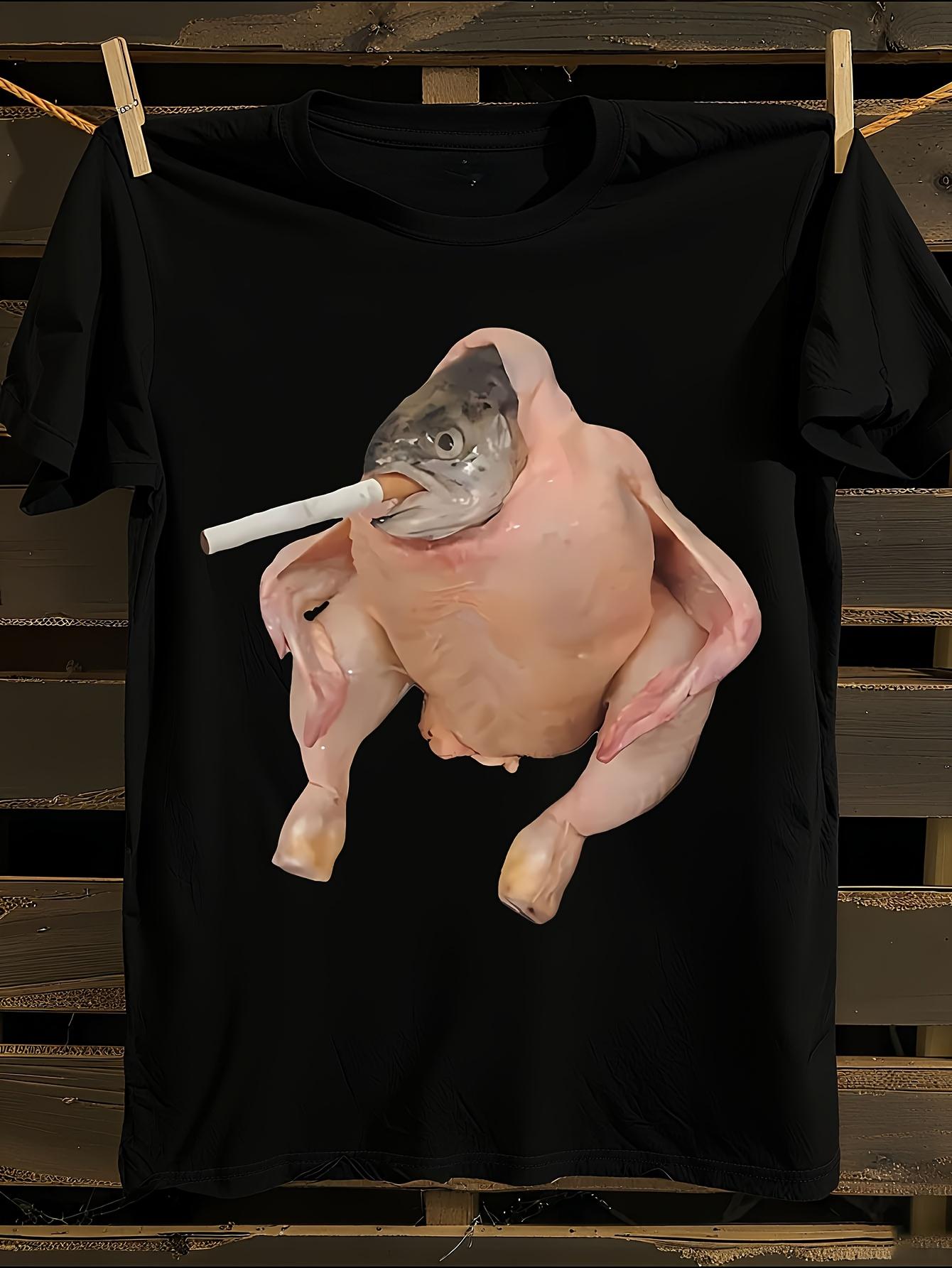 Funny Fish Face Chicken Smoking Cigarette Graphic Tshirt XXXXL
