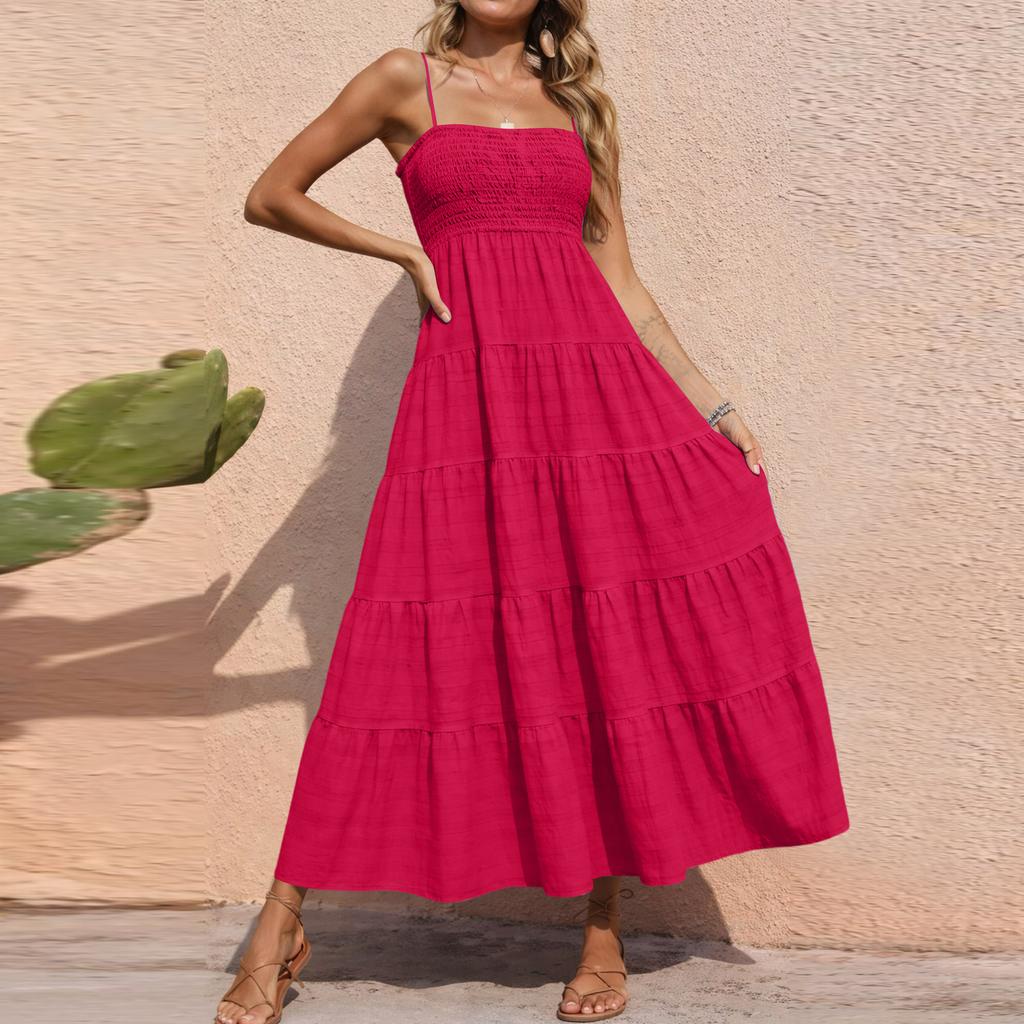 Maxi abito da donna senza maniche a balze con corpetto arricciato e spalline sottili regolabili per uso casual e quotidiano