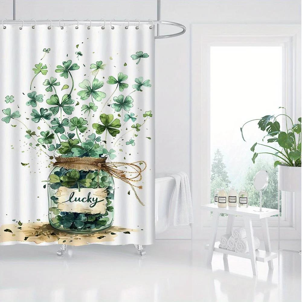 Spring Fresh Green Leaf & Clover Shower Curtain - Digital Print, Polyester Oxford, Waterproof, Green Background,for Bath &Toilet W90xH180cm