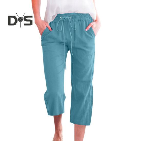 Frauen Sommer Hosen Jogginghose Einfarbig Gerade Weiche Elastische Taille Kordelzug Hosen Mittlere waden Länge Geerntete Hosen