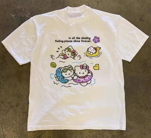 

2026 HelloKitty Sanrio Printed Cotton TShirt Summer Cartoon Design Childrens Roundneck Fashion LooseFitting Casual Wear S