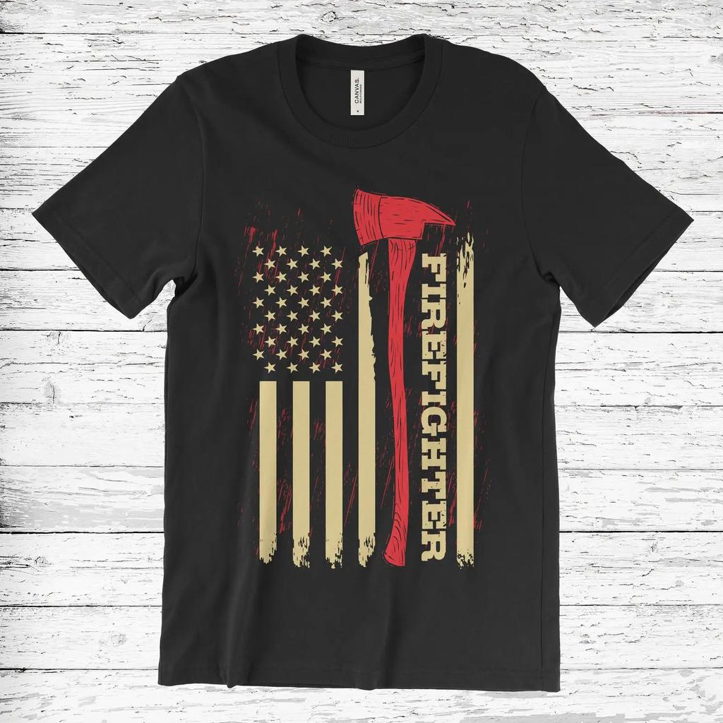 Men's Firefighter American Flag Axe T Shirt Patriotic Fire Department Casual for Dad vintage Wa
