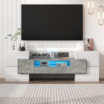 TV Cabinet, High-gloss Lowboard with Multi-colored LED Lighting, 6 Doors, 2 Drawers
