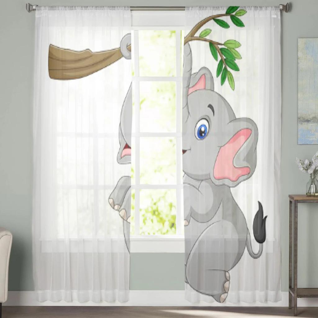 Cartoon Funny Elephant Tulle Curtain For Living Room Sheer Valance Curtain For Kitchen Bedroom Window Drapes
