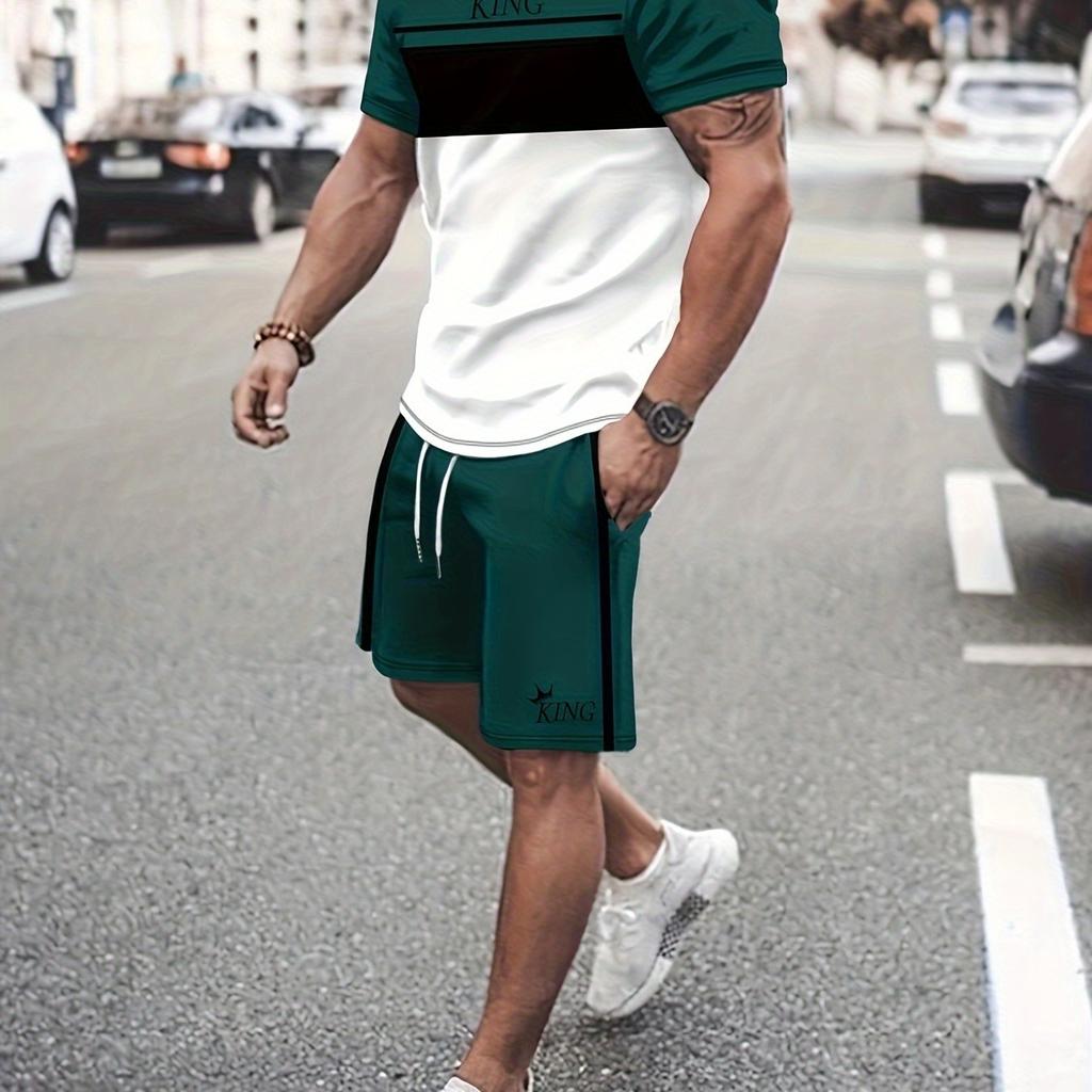 2Pcs Mens Color Block Loungewear Set - Casual Crew Neck T-Shirt & Drawstring Shorts for Summer, Stylish Comfortable Perfect for Vacation, Workout