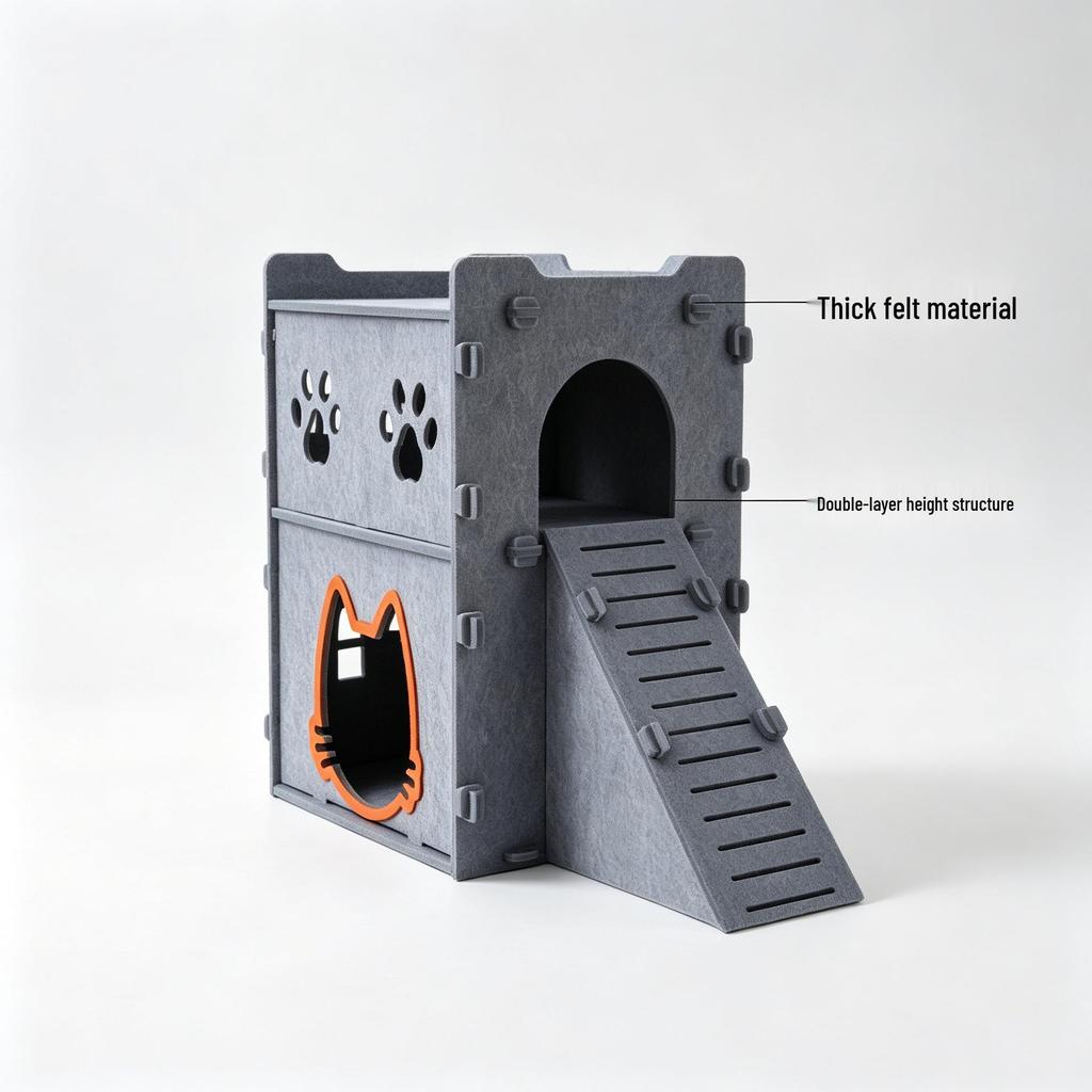 Two-Story Felt Cat Villa with Stairs - All-Season Semi-Enclosed Indoor Cat House