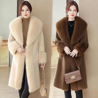 Autumn and Winter New Padded Imitation Leather Long Coat Imitation Mink Fur Coat Big Fur Collar Woman