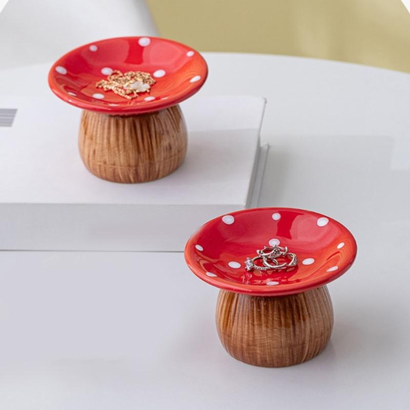 Ceramic Mushroom Jewelry Tray with Raised Ring Holder Dish, Tabletop Catchall Tray for Vanity and Bedside Table