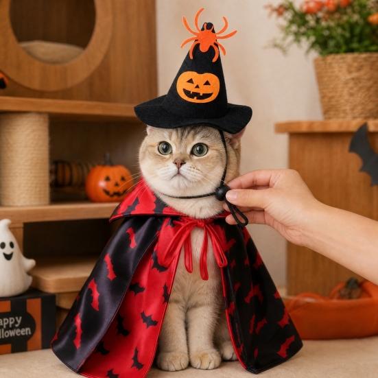 Huaqianguhh 1 Set Pet Halloween Costume, Spider Pumpkin Wizard Hat And Double-Sided Bat Print Cape, Holiday Party Outfit for Cats Dogs