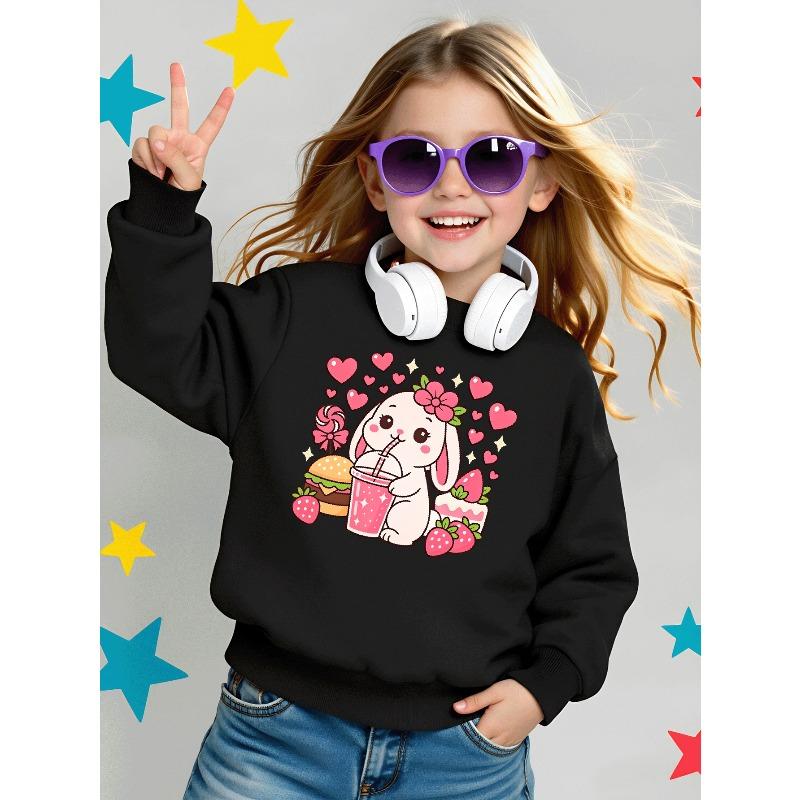 Kids Crewneck Sweatshirt, Cute Bunny Drinking Strawberry Milk Creative Print,Daily Casual Top for Spring & Autumn