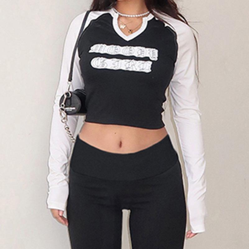 Women's Letter Print V Neck Color Contrast Fashion Spice Slim Slim Casual Long Sleeved Short Top