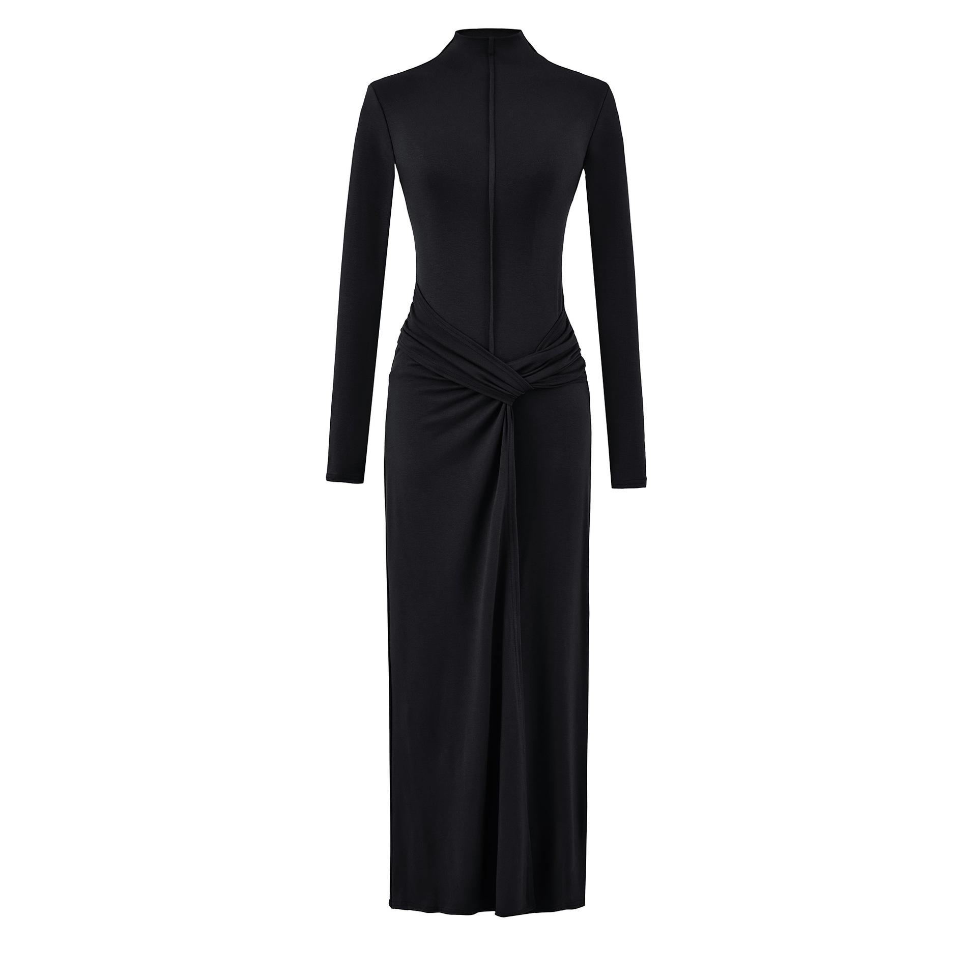 

Women s Elegant Slim-Fit High-Neck Gray Dress, Faux Two-Piece with Cinched Waist and Long Sleeves – Perfect for Autumn/Winter Small чорний