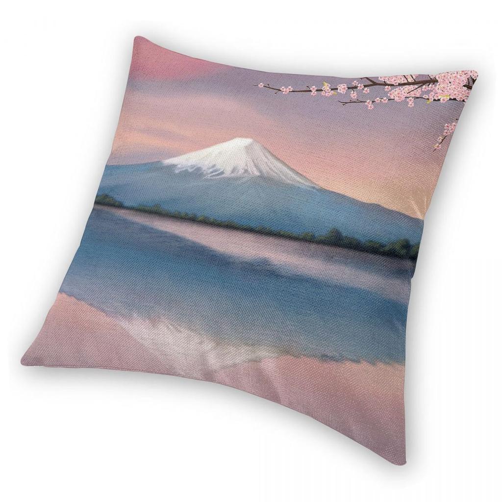 Mt Fuji With Cherry Blossoms Square Pillowcase Polyester Linen Velvet Creative Zip Decor Sofa Cushion Case 18"