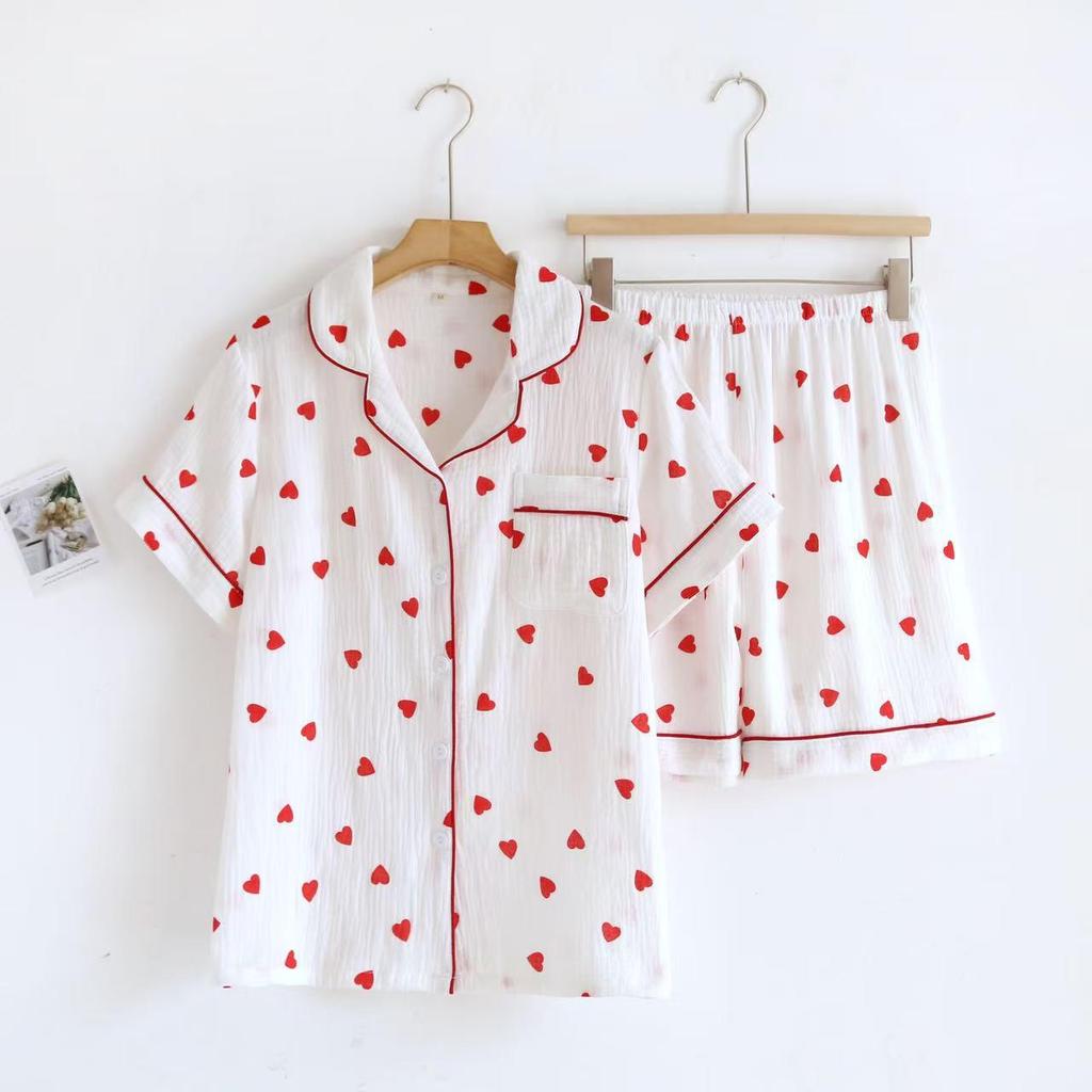 Damski letni zestaw piżamowy z czystej bawełny - Słodki, Przewiewny, Krótki rękaw i Szorty