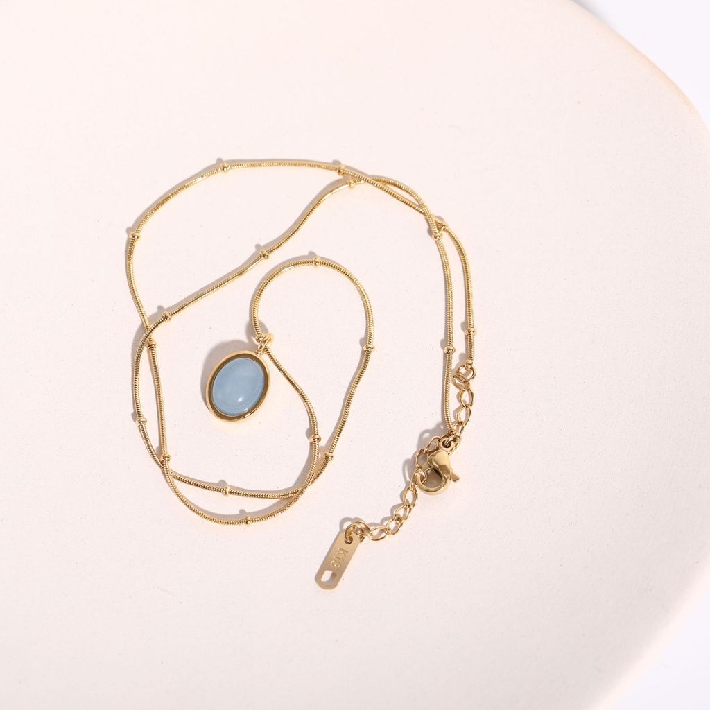 Titanium Steel Starry Ocean Pendant Necklace With Blue Oval Gemstone For Women