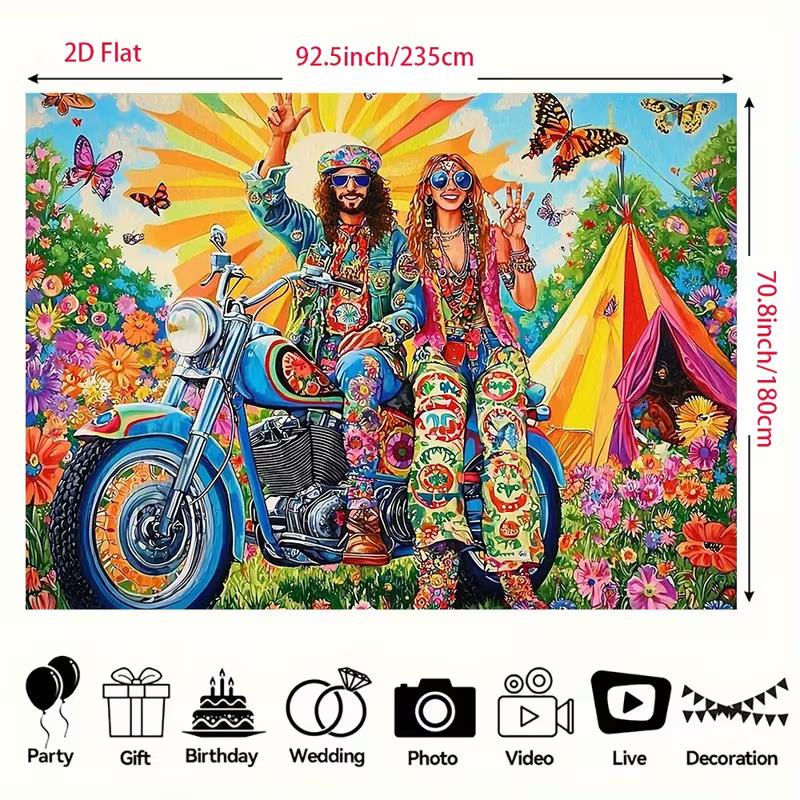2D Flower Power Hippie Backdrop, 60s 70s Couple on Motorcycle Background for Themed Party