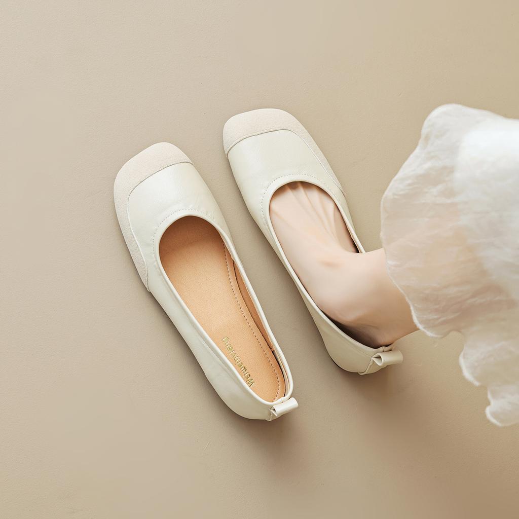Weiwei girl 389-6 square head single shoes women's summer flat-soled retro one-pedal Doudou shoes shallow mouth soft-soled ballet shoes