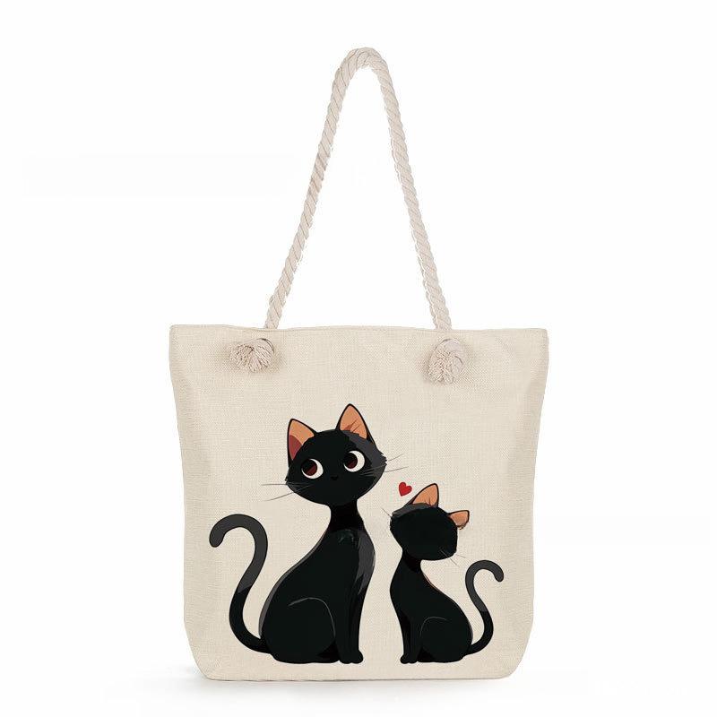Black cat print thick rope single-shoulder beach bag 7364