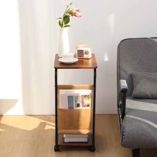 2-stöckiger C-förmiger Beistelltisch Rollender kleiner Kaffeetisch mit hölzerner Tischplatte Metallrahmen Wohnzimmer Schlafzimmer Ecke Nachttisch Schreibtisch mit Rädern