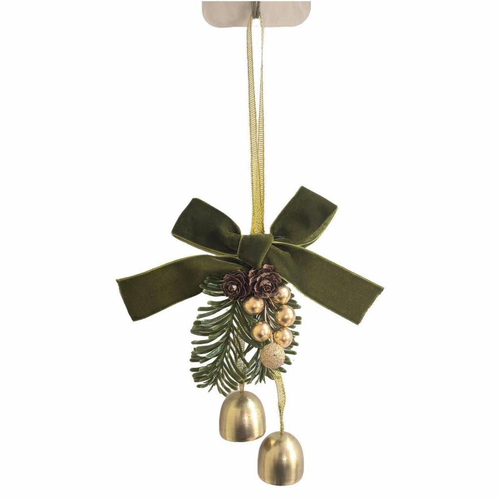 Christmas Bell Pendant with Velvet Bow and Pine Cone Tree Decoration