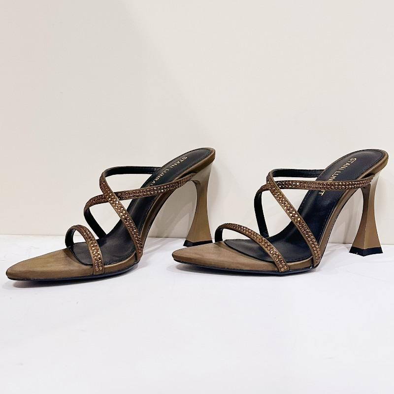 Fashion Luxury Rhinestone Satin Modern Heeled Sandal Women Sexy Open Toe Cross Tied Slide Sandal Fashion Pointed Toe Party Designer Shoe