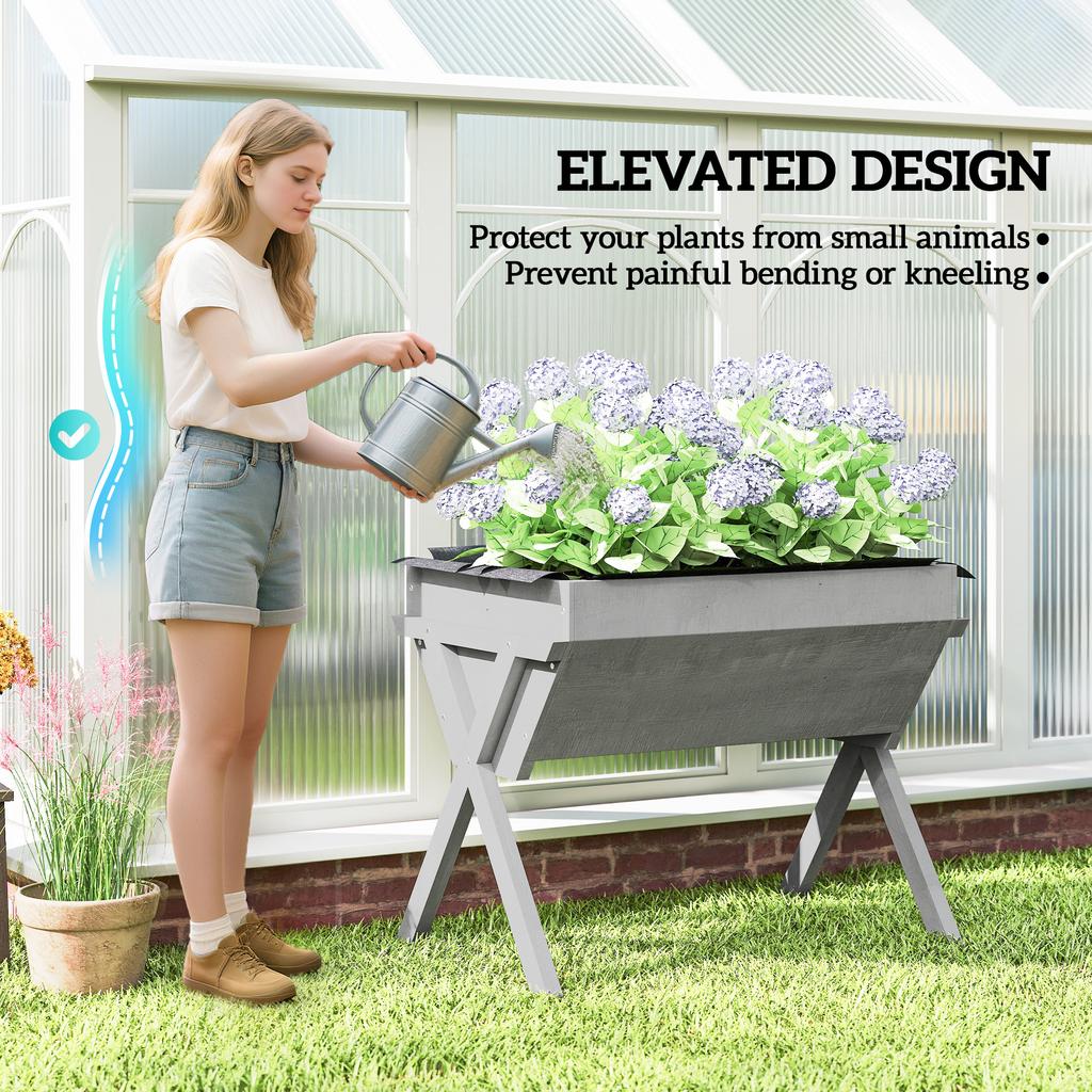 Wooden Raised Garden Bed with Bed Liner, Elevated Planter Box with Legs, Light Grey