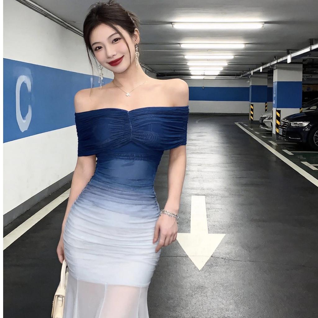 Royal sister beautiful temperament shoulder blue evening dress skirt female feeling gradual change of color mesh yarn hip fishtail skirt