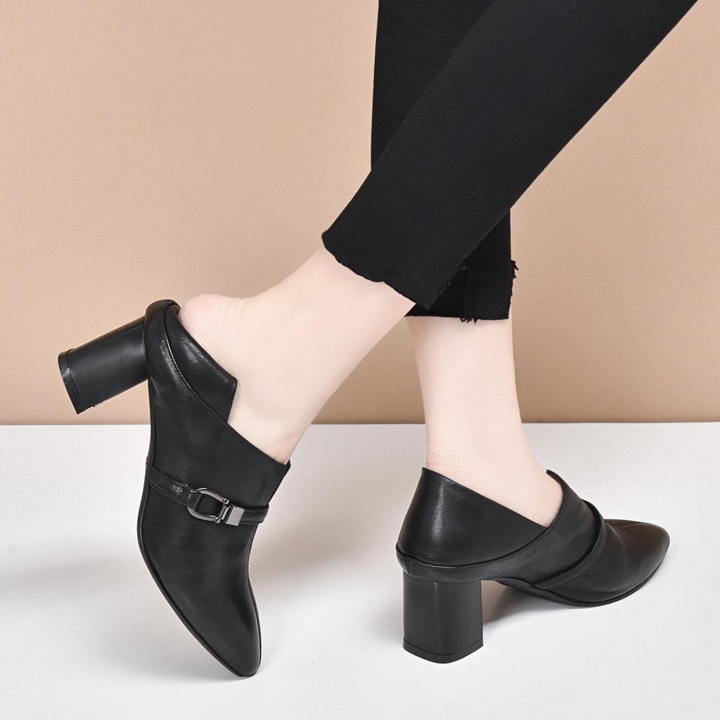 Fashion Pointed Single Shoes 2025 Spring New Simple Thick Heel First Layer Cowhide One Pedal Two Wear Deep High Heel Women's Shoes