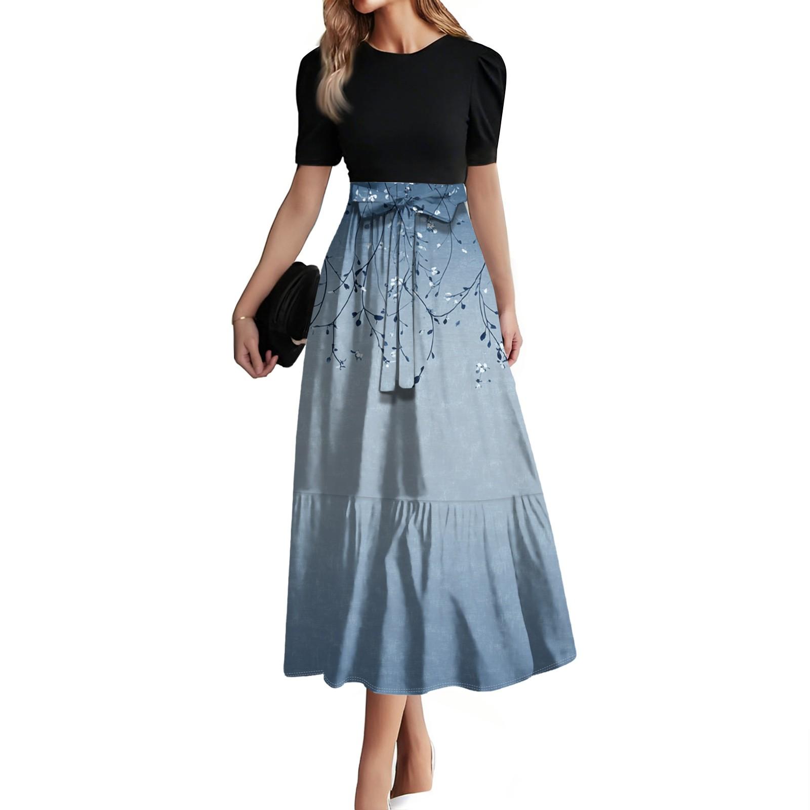 

Women s Fashion Casual Belt Short Sleeve Round Neck Stitching Elegant Temperament Dress XL небо синє кольору