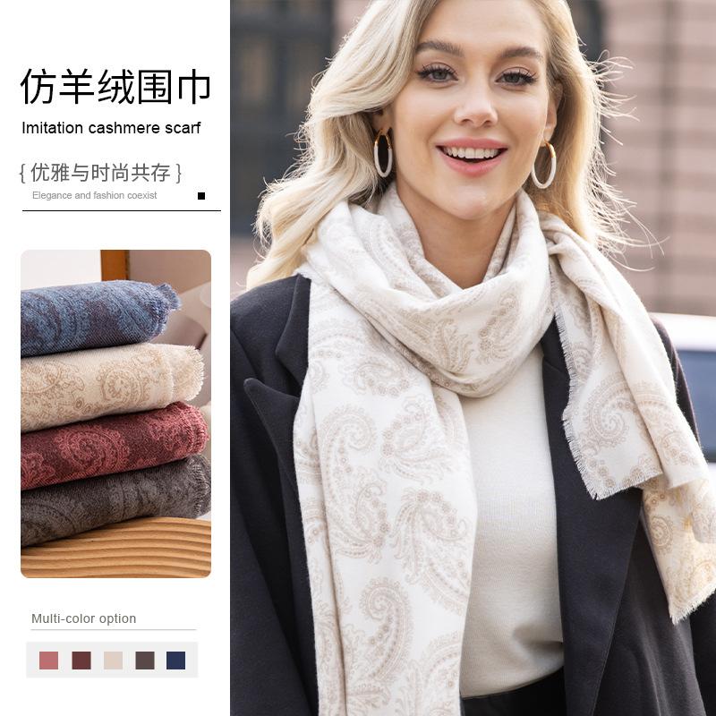 Strictly Select Cross-border Winter Temperament Imitation Cashmere Scarf Retro Versatile Cashew Flower Thick Velvet Warm Wholesale