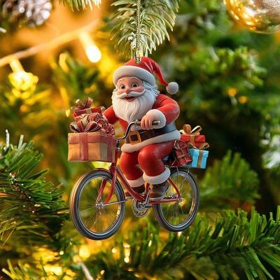 8 Stück Fahrrad Weihnachtsmann Weihnachtsbaum Anhänger Handgefertigt DIY Weihnachtsdekorationen 2D Flach Feiertagsgeschenk Dekoration Holzornament Set