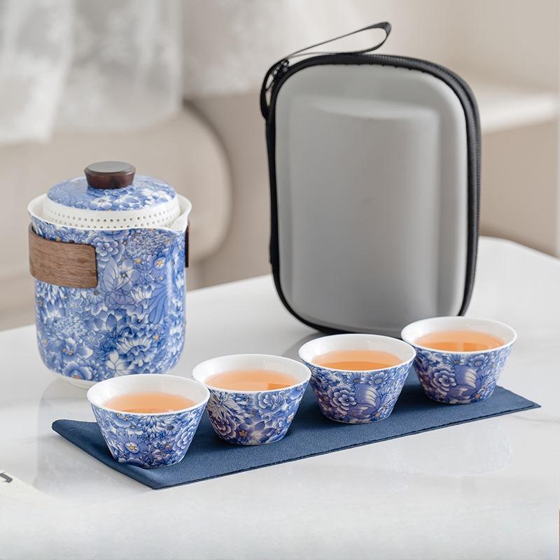 National Style White Porcelain Ink Travel Kung Fu Tea Set Portable Outdoor Camping Business Tea Drinking