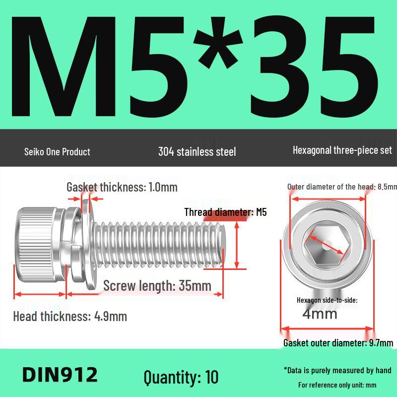 304 Stainless Steel Hex Socket Cap Screw with Washer - Sizes M3, M4, M5, M6, M8, M12