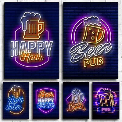 Neon Wirkung Bier Happy Hour Pub Poster Druck Leinwand Malerei Wand Kunst Bild Für Bar Wohnzimmer Hause Dekoration KEINE LED