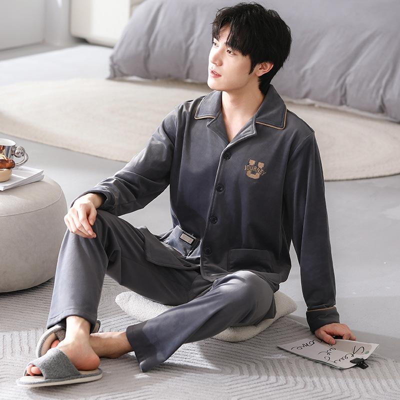 Pajamas Men'S Coral Fleece Autumn And Winter Flannel Island Fleece Loungewear Can Be Worn Outside A Thin Fleece Suit