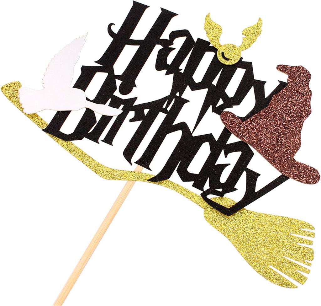 Magic Themed Cake Decorations Black Letters Witch Hat Magic Broom Picks for Birthday Party Halloween Carnival Cake Decoration