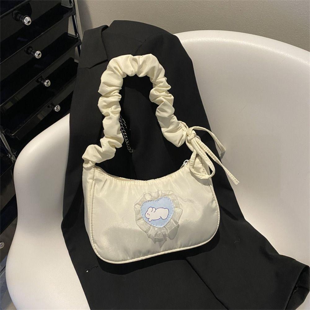 Solid Color Pleated Strap Shoulder Bag Korean Style Sweet Handbag Love Rabbit Underarm Bag  Girls