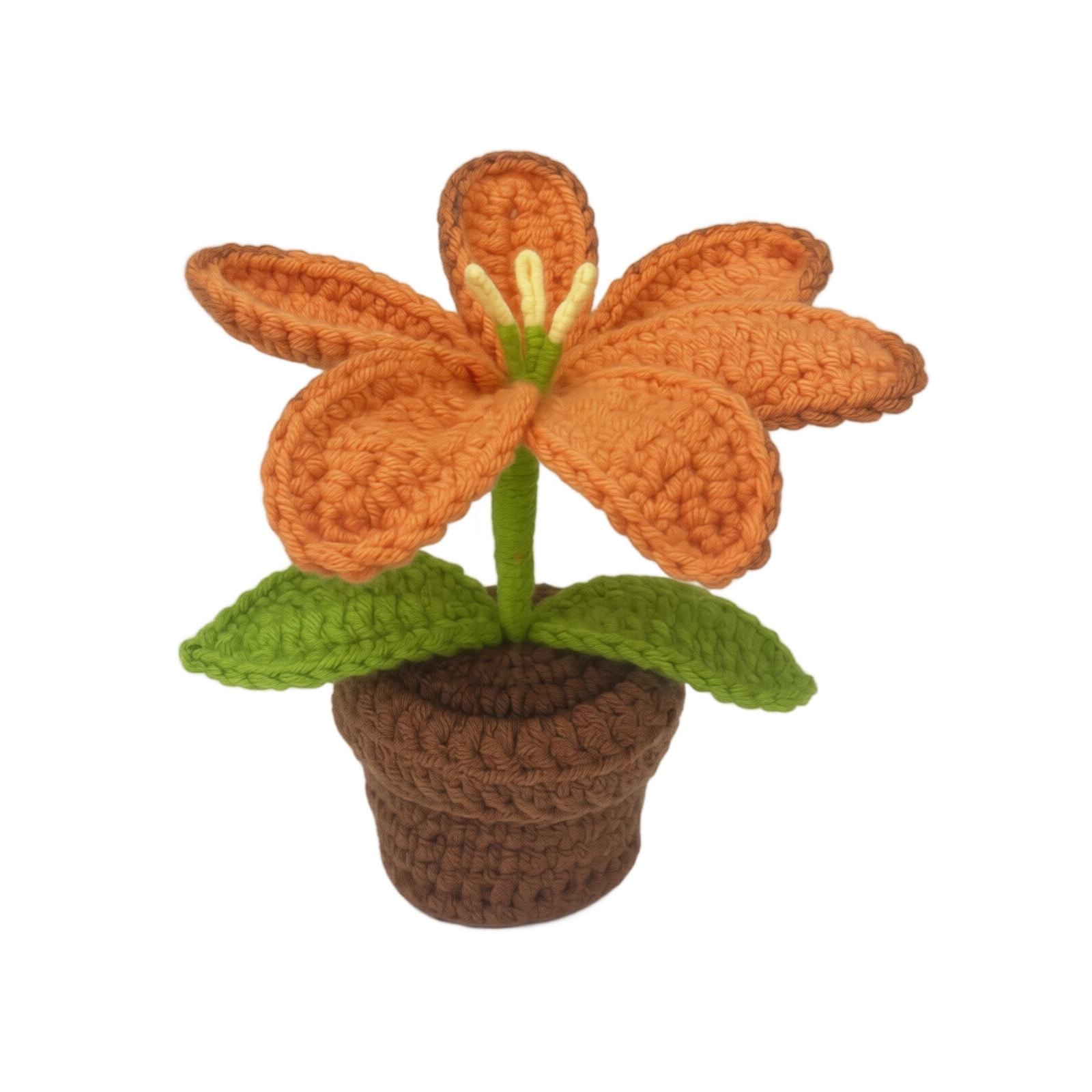 

Handmade Knitted Yarn Potted Plant Tabletop Decoration Knitted Flower Pot with Lily Flower Design Soft Yarn Craft Indoor Ornament One Size помаранчевий
