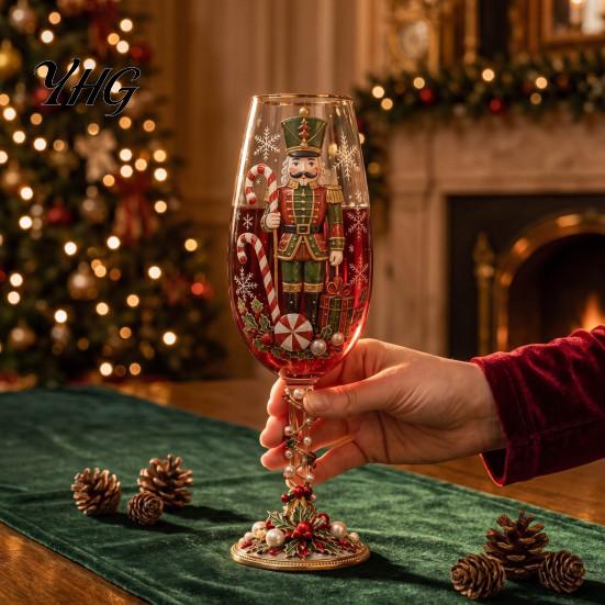 Creative Christmas Table Ornament Nutcracker Champagne Glass, 350ml Hand Painted Holiday Wine High Borosilicate Glassware Decorative Drinkware