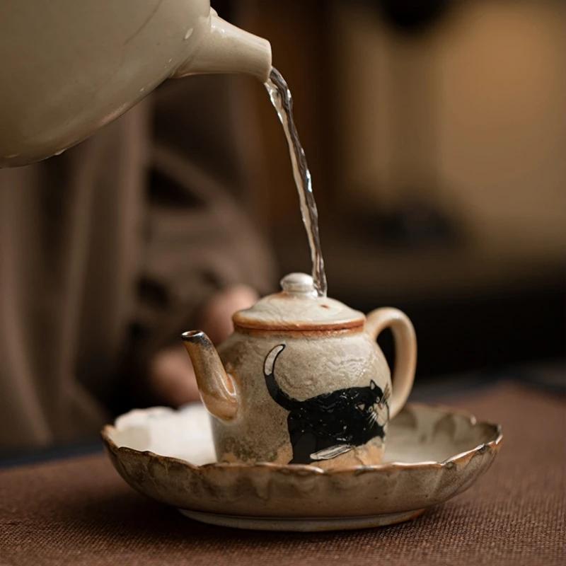 Hand Painted Cat Ceramic Opening Teapot Base Ceramic Trivets Saucer For Teapot Kung Fu Tea Ceremony Chinese Wave Round Base