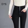Women Winter Jeans High Waist Faux Fur Lining Slim Fit Button Closure Soft Warm Thick Solid Color Pockets Pencil Pants Lady Autumn Trousers