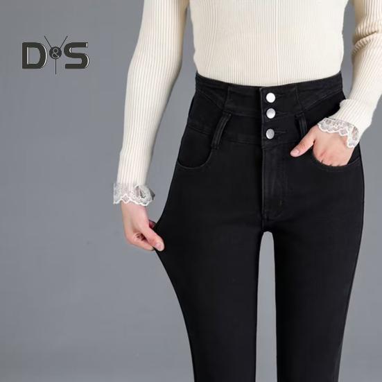 Women Winter Jeans High Waist Faux Fur Lining Slim Fit Button Closure Soft Warm Thick Solid Color Pockets Pencil Pants Lady Autumn Trousers