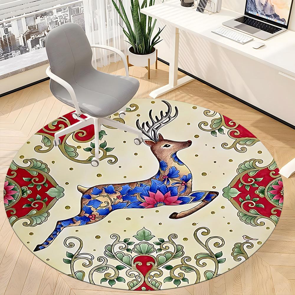 1pc Deer Floral Office Round Area Rug, Under Office Chairs Bedroom Living Room Home Decor, Room Deco