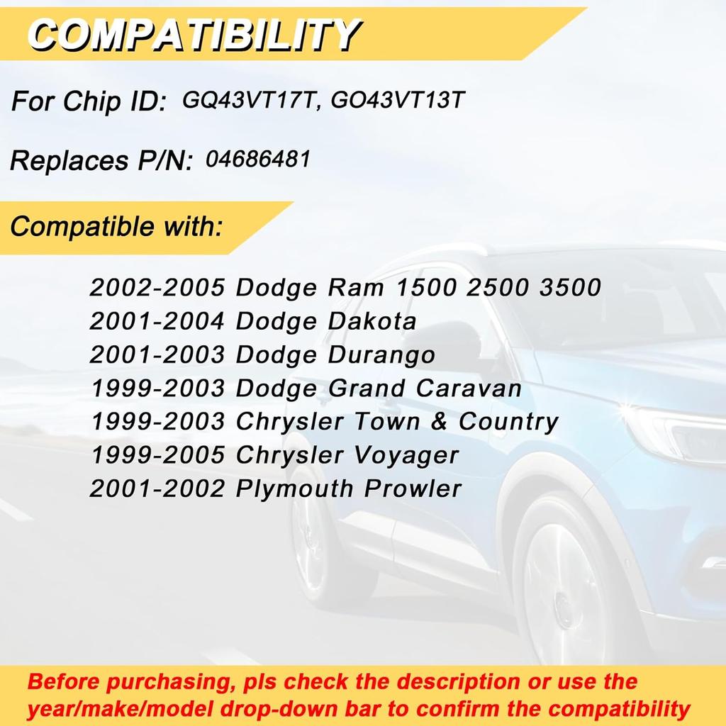 Key Fob Replacement For 2002-2005 Dodge Ram 1500 2500 3500/01-04 Dakota/ 01-03 Durango/ 99-03 Grand Caravan Town & Country/ 99-05 Voyager/ 01-02