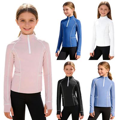 Camisa de Equitação para Meninas: Blusão de Gola Alta com Manga Longa e Fecho de Zíper, com Furos para Polegar e Bolsos, Top para Esportes Equestres